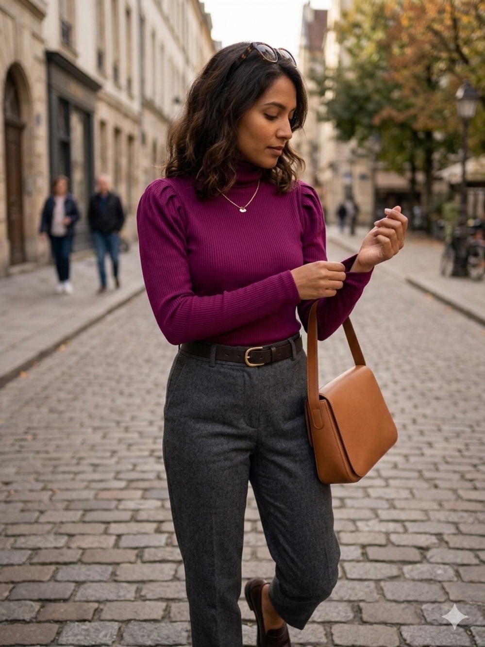 LOFT Magenta Ribbed Puff Sleeve Turtleneck Top - S